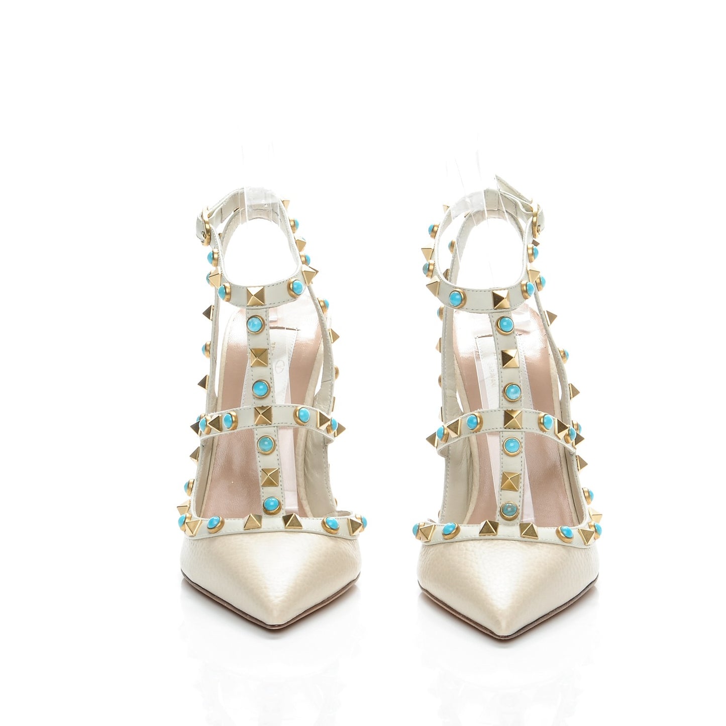 Pebbled Calfskin Turquoise Rockstud Rolling Ankle Strap 100mm Pumps 36 Ivory