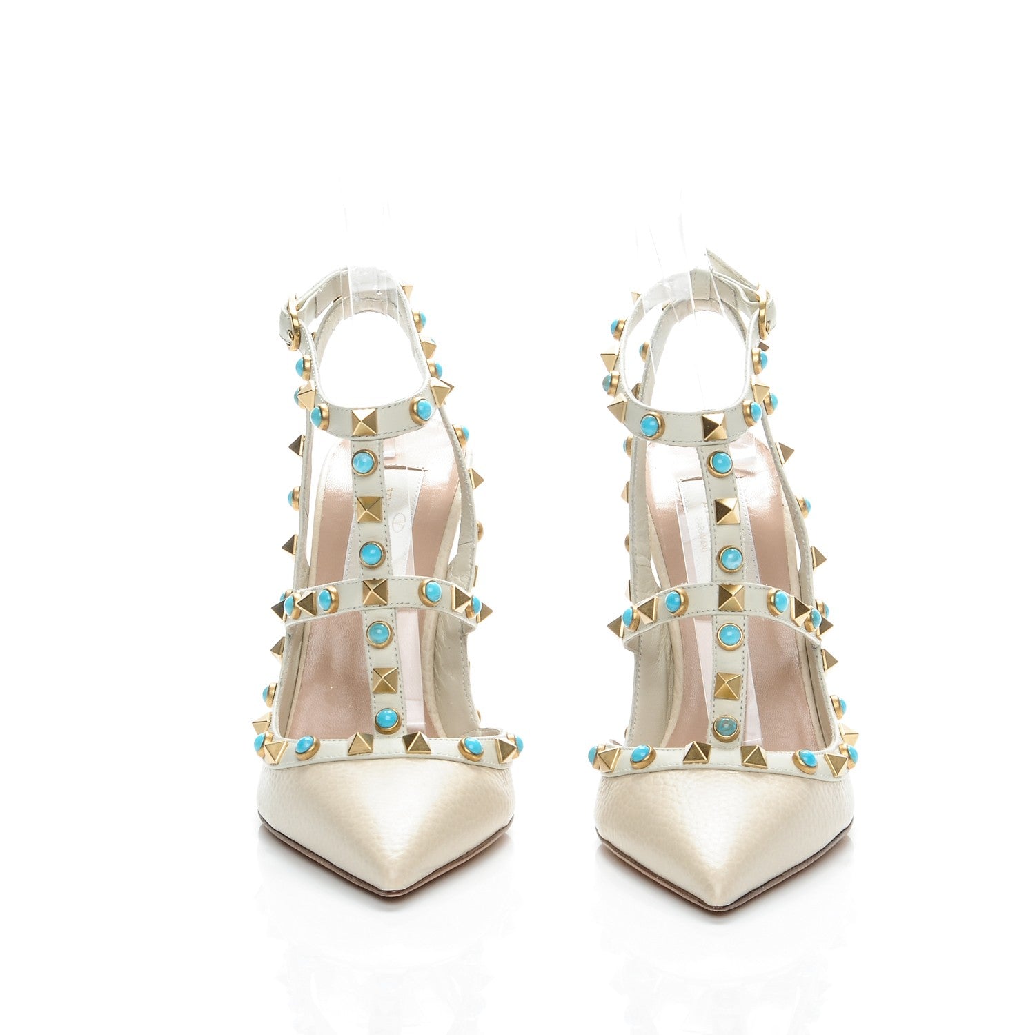 Valentino Garavani Pebbled Calfskin Turquoise Rockstud Rolling Ankle Strap 100mm Pumps 36 Ivory 2 of 9