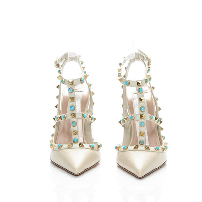 Valentino Garavani Pebbled Calfskin Turquoise Rockstud Rolling Ankle Strap 100mm Pumps 36 Ivory 2 of 9