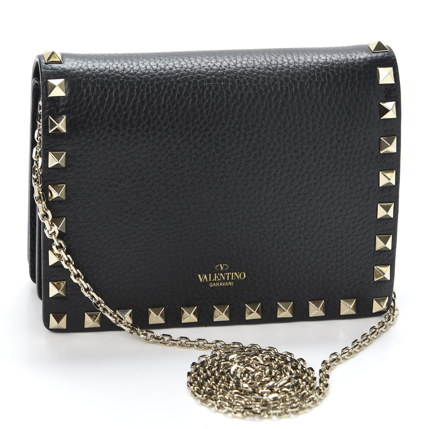 Pebbled Calfskin Rockstud Wallet on Chain Black