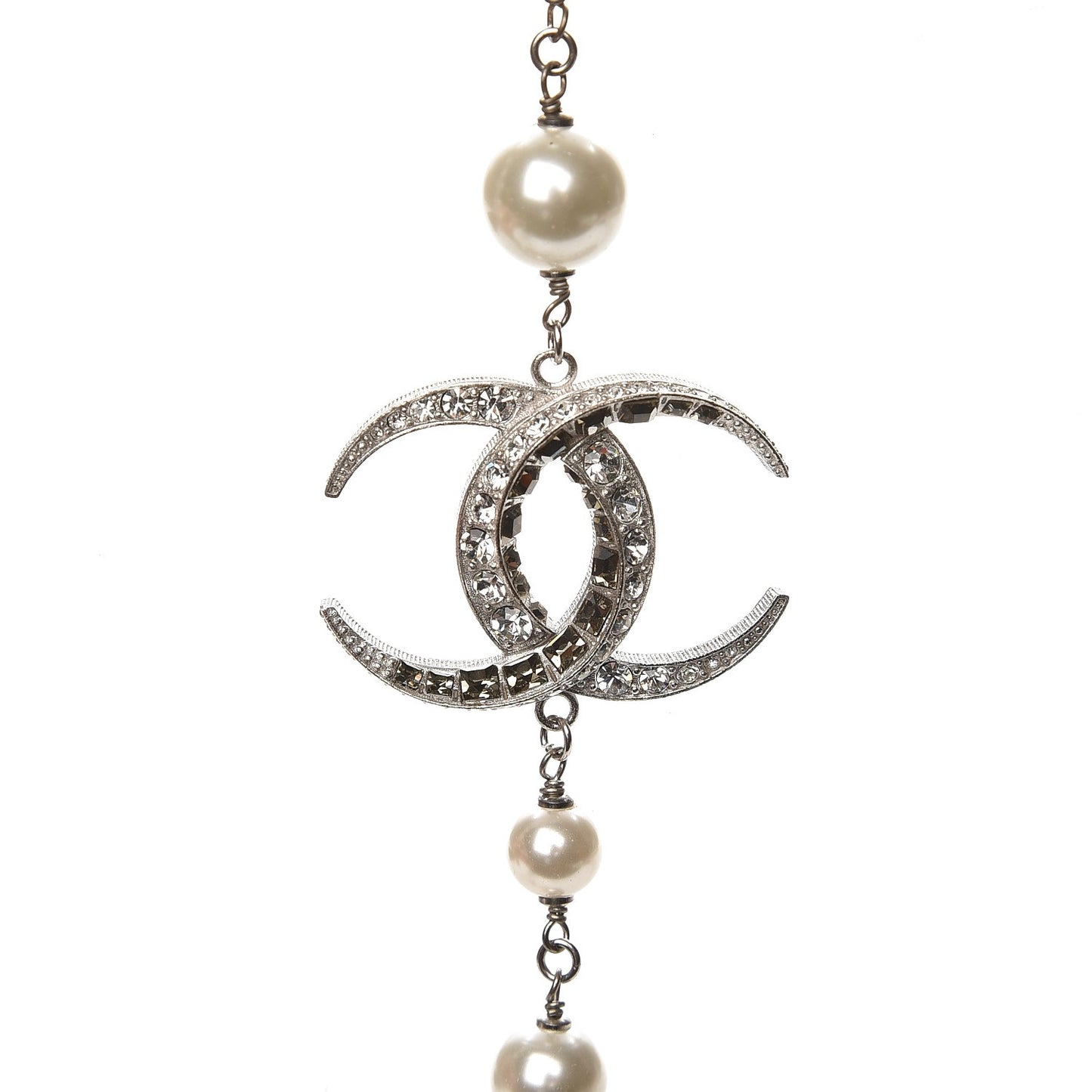 Pearl Baguette Crystal CC Moon Long Necklace Silver
