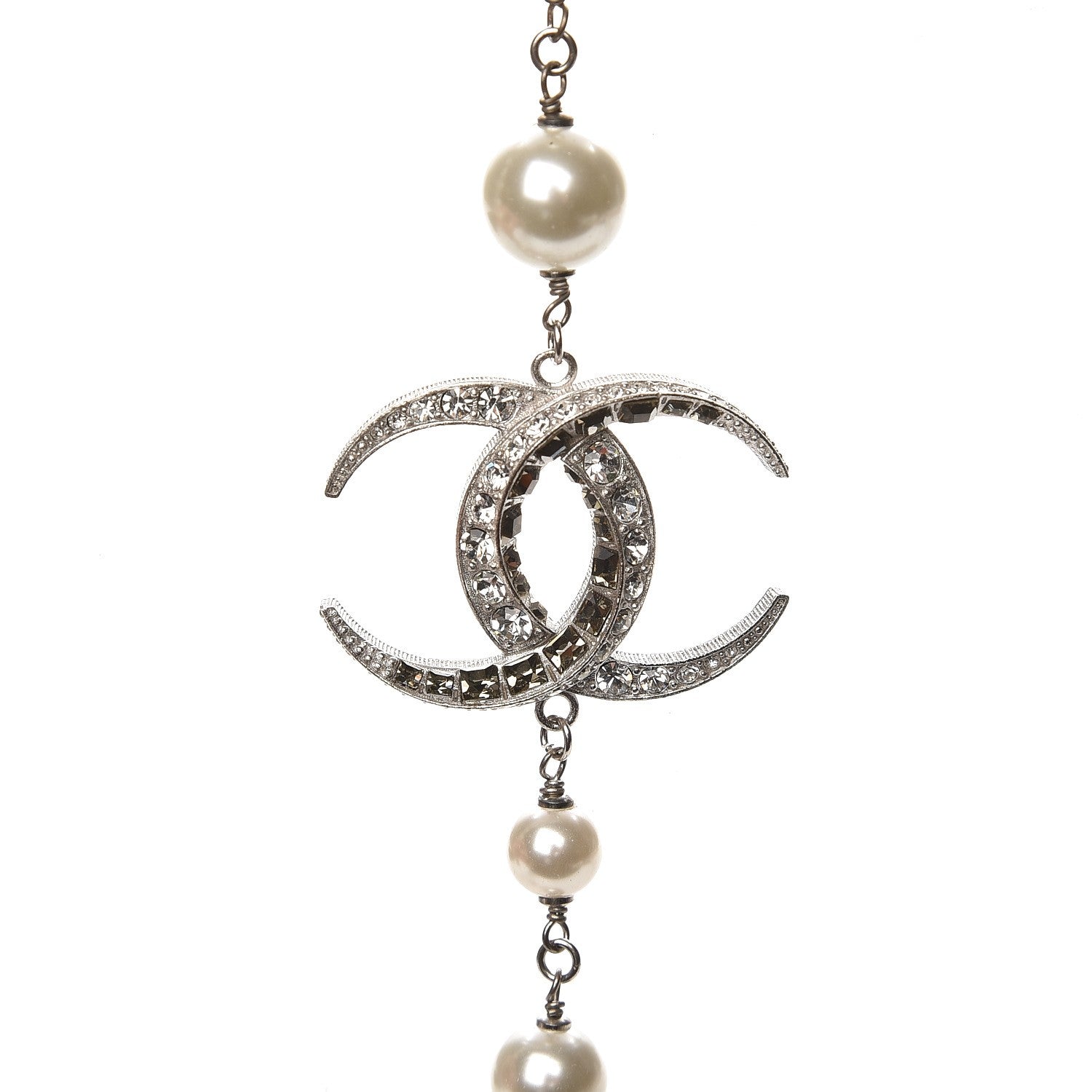 Chanel Pearl Baguette Crystal CC Moon Long Necklace Silver 3 of 6