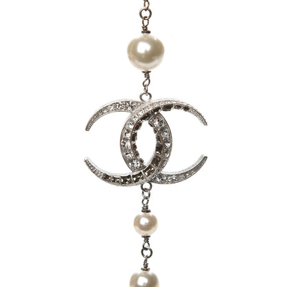 Chanel Pearl Baguette Crystal CC Moon Long Necklace Silver 3 of 6