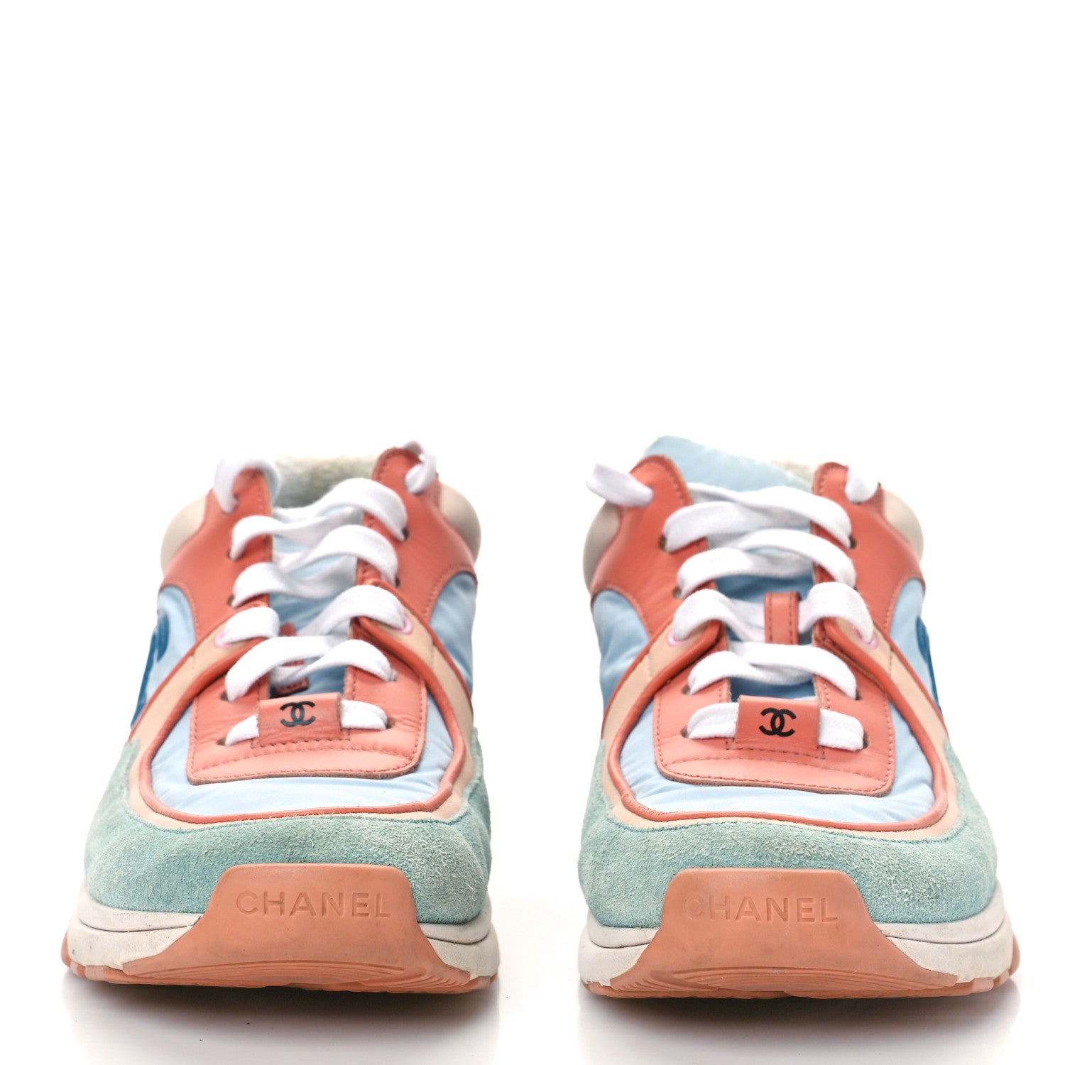 Chanel Nylon Lambskin Suede Calfskin CC Sneakers 36.5 Coral Light Blue White 2 of 14