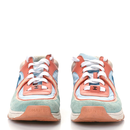 Chanel Nylon Lambskin Suede Calfskin CC Sneakers 36.5 Coral Light Blue White 2 of 14