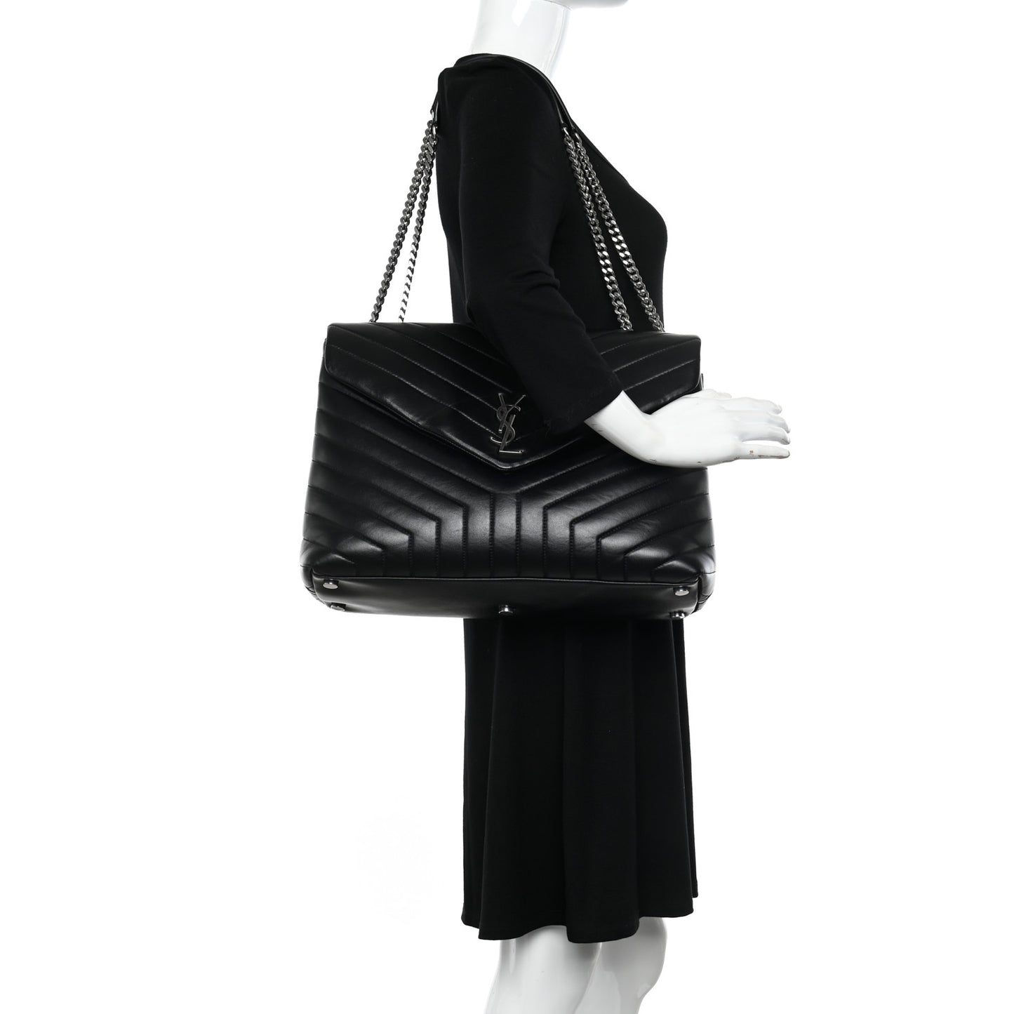 Calfskin Y Quilted Monogram Large Loulou Chain Satchel Black