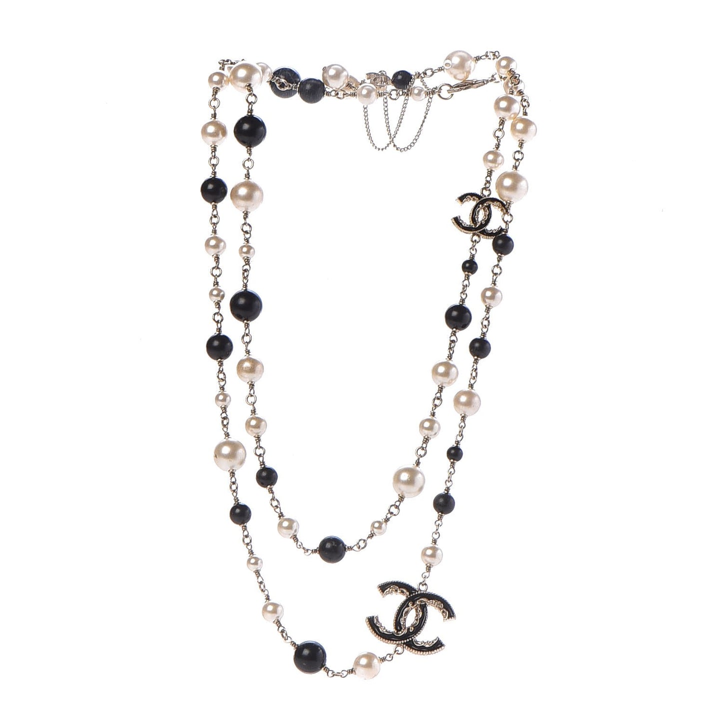 Pearl Bead Enamel CC Long Necklace Black Gold
