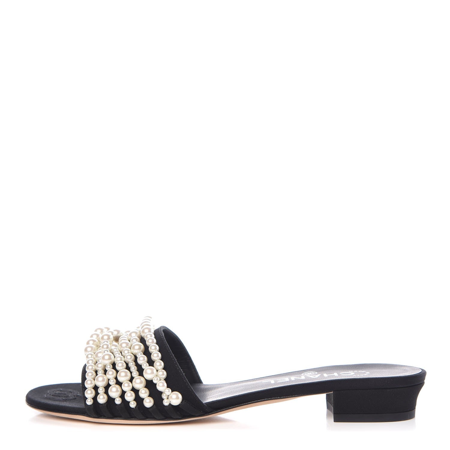 Chanel Felt Pearl Flat Sandals 38 Black 1 of 11