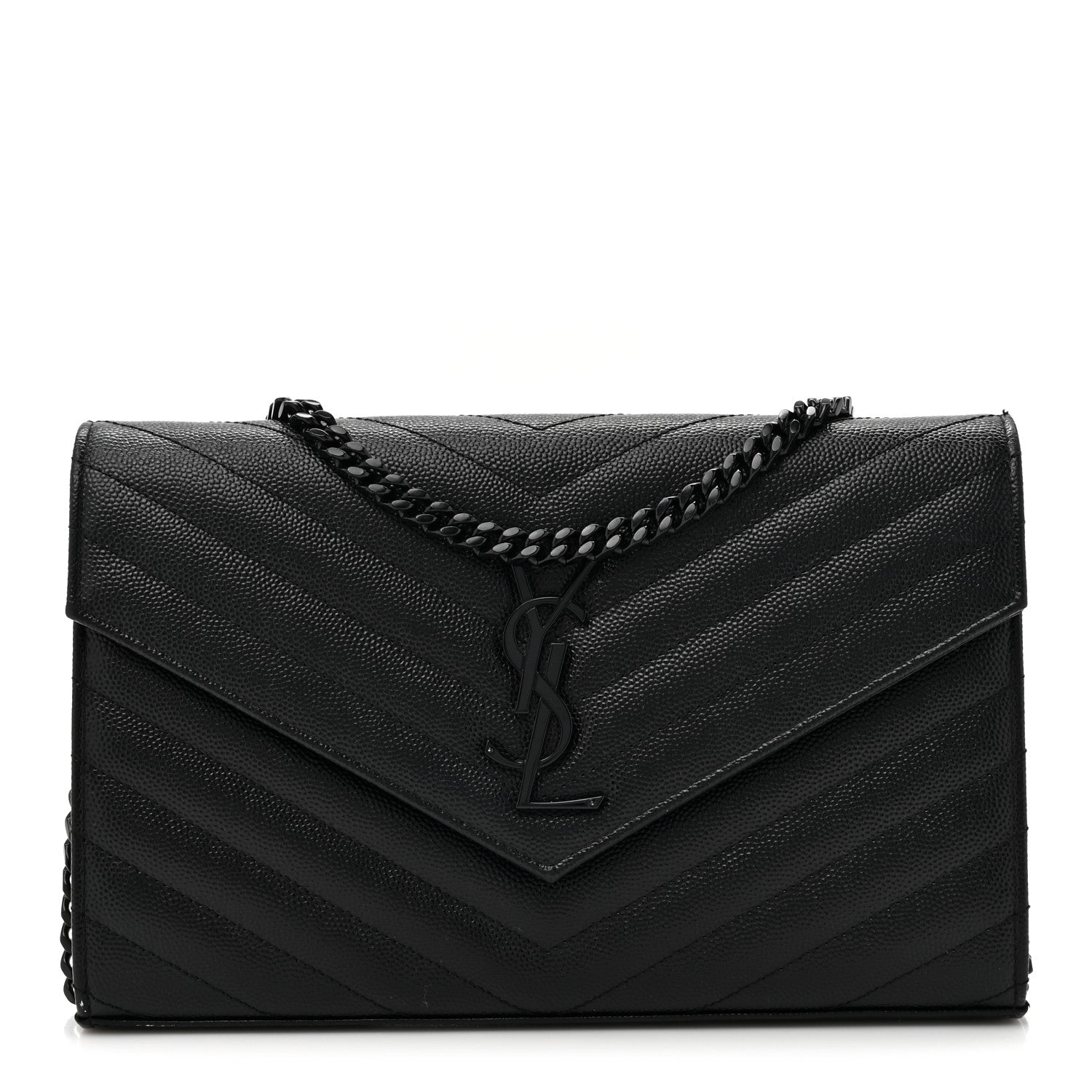 Saint Laurent Grain De Poudre Matelasse Chevron Monogram Monochrome Chain Wallet Black 1 of 15