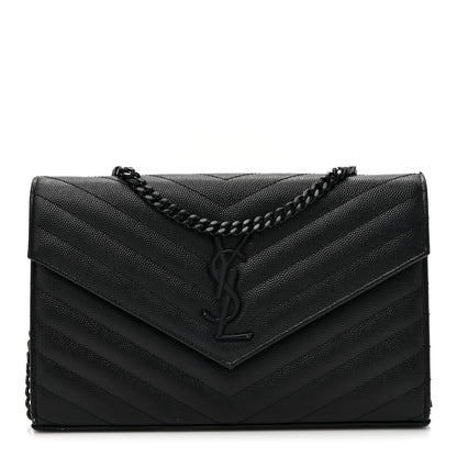 Saint Laurent Grain De Poudre Matelasse Chevron Monogram Monochrome Chain Wallet Black 1 of 15