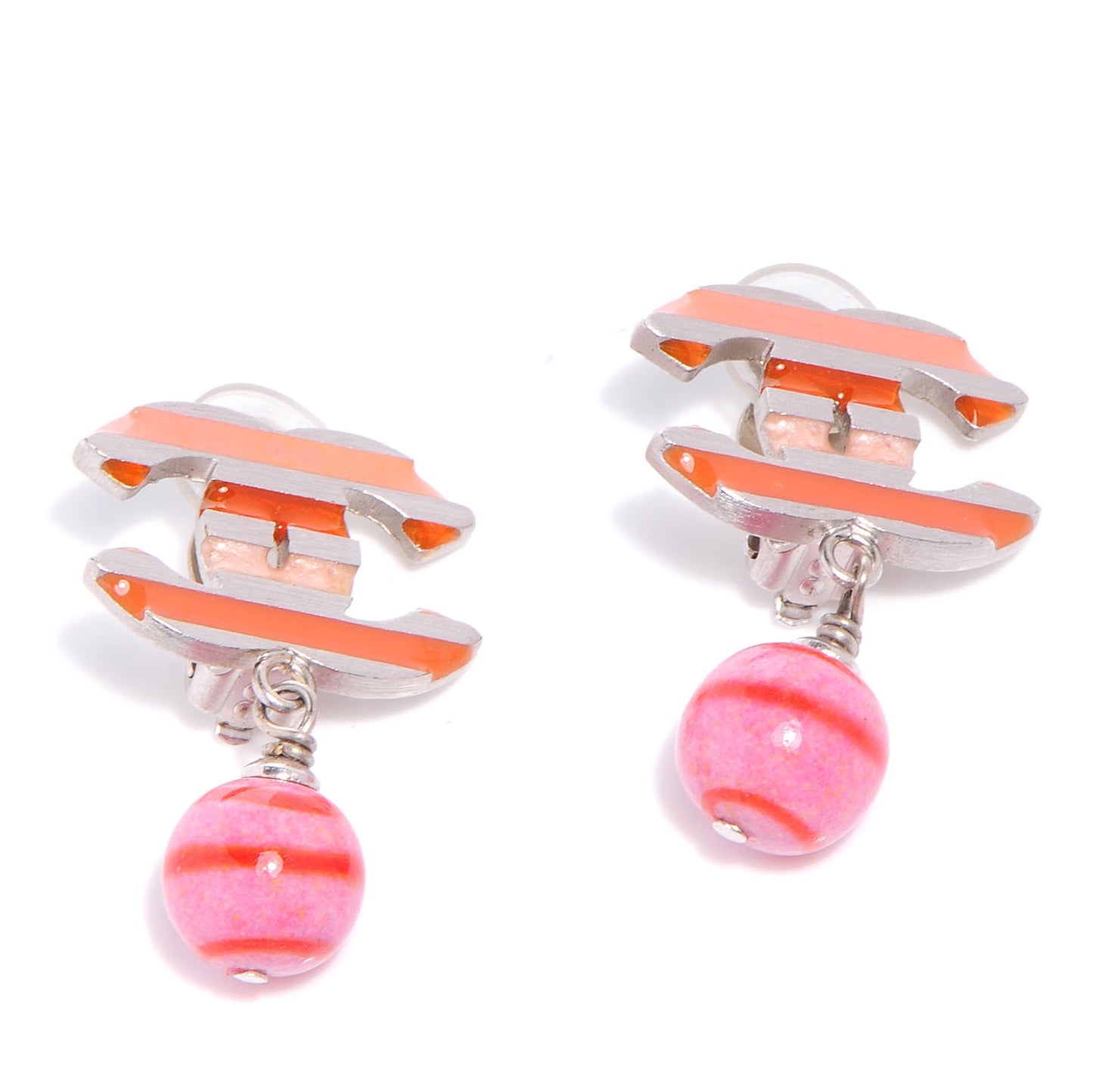 CC Enamel Striped Drop Clip On Earrings Pink Silver