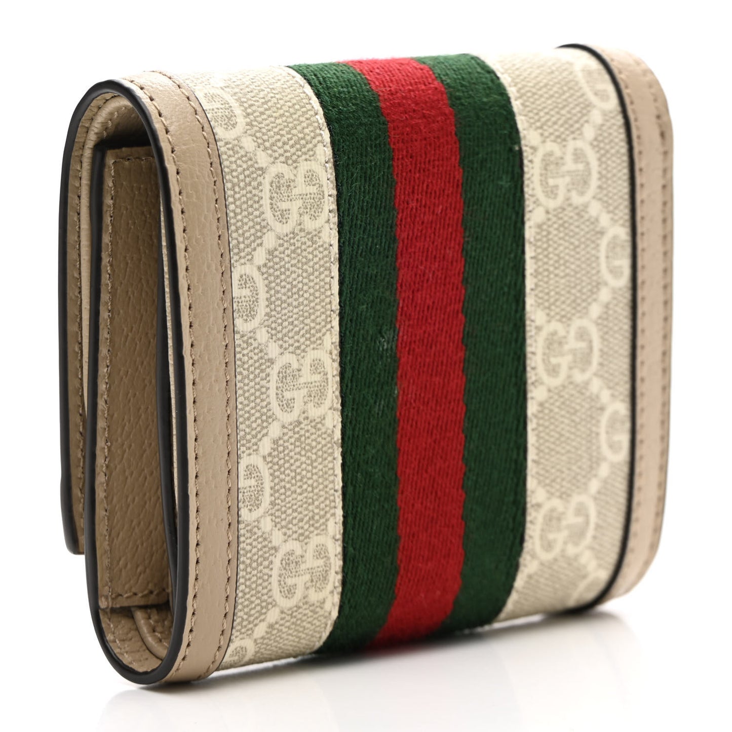 GG Supreme Monogram Textured Dollar Calfskin Web Ophidia Card Case Wallet Beige Mystic White Oatmeal