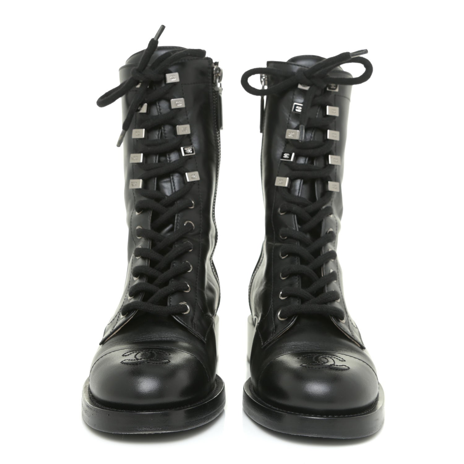 Chanel Calfskin Lace Up Combat Boots 37 Black 2 of 13