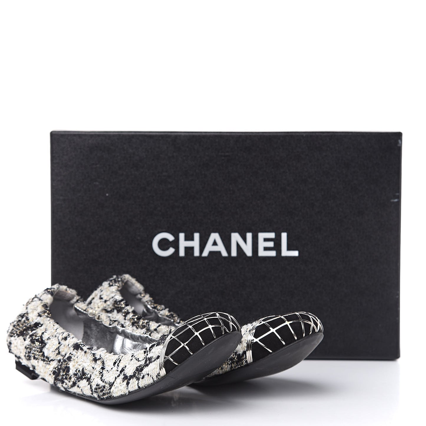Tweed CC Elastic Cap Toe Ballerina Flats 35.5 Ecru Black Argent