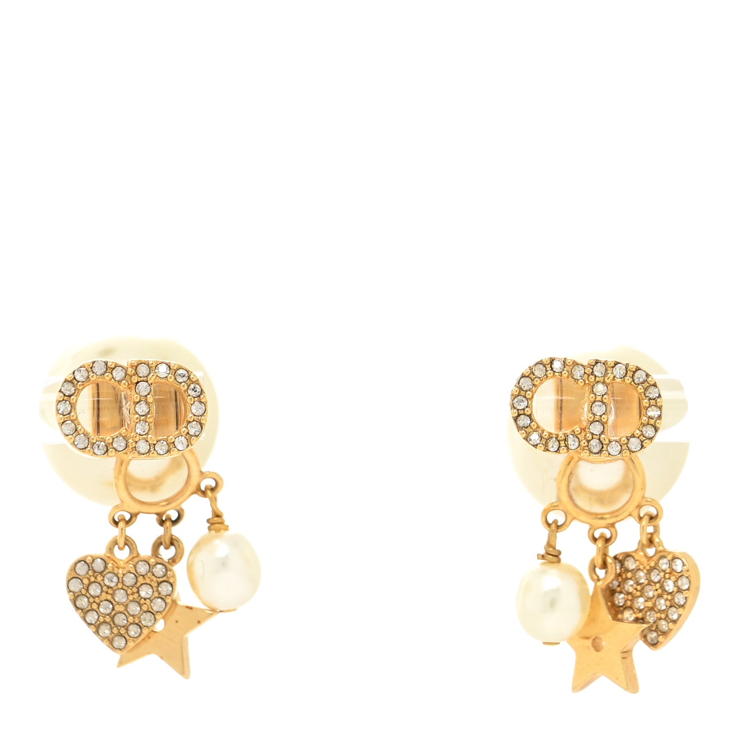 Christian Dior Pearl Crystal Heart Tribal CD Earrings Gold 1 of 3