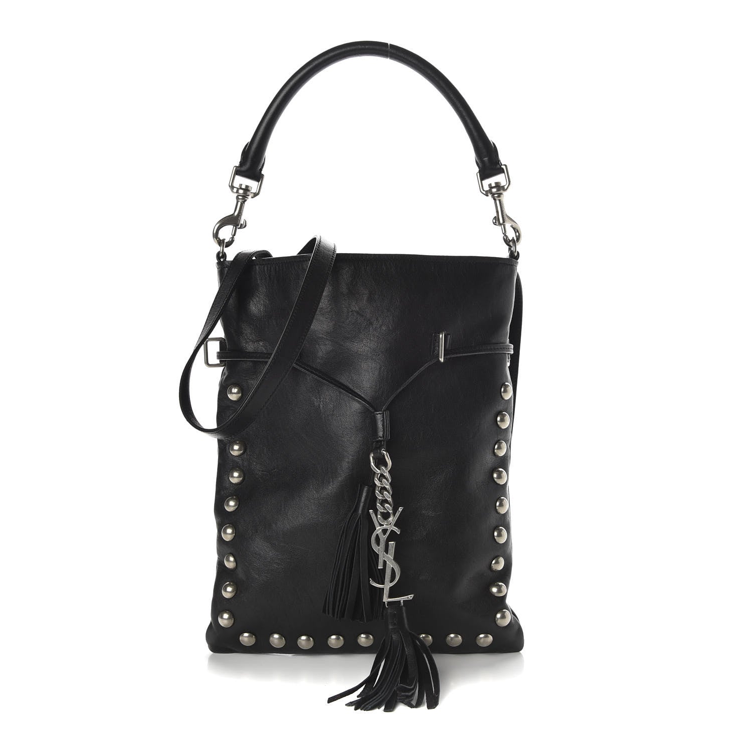 Saint Laurent Calfskin Studded Monogram Flat Bucket Black 1 of 9