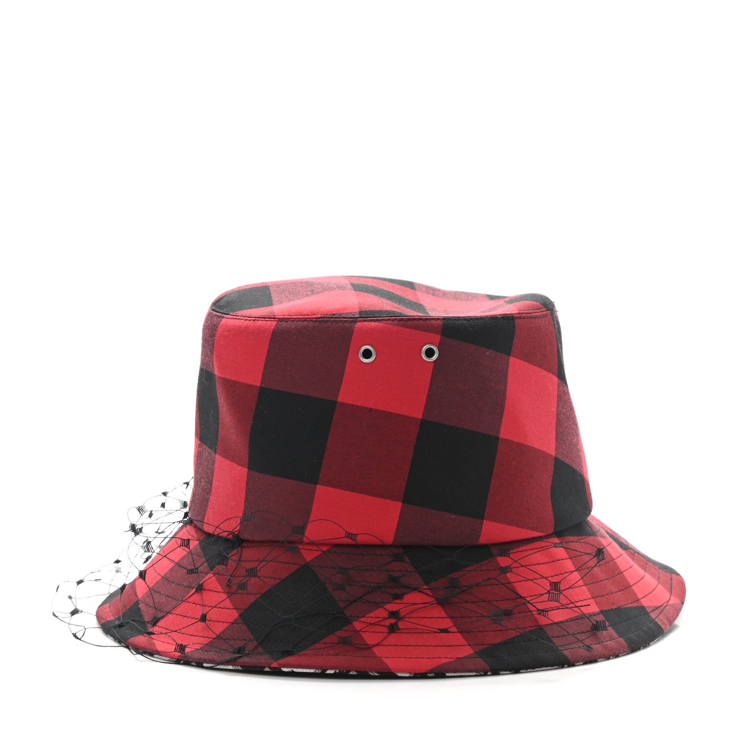 Cotton Large Brim Bucket Hat with Veil 57 Black Red