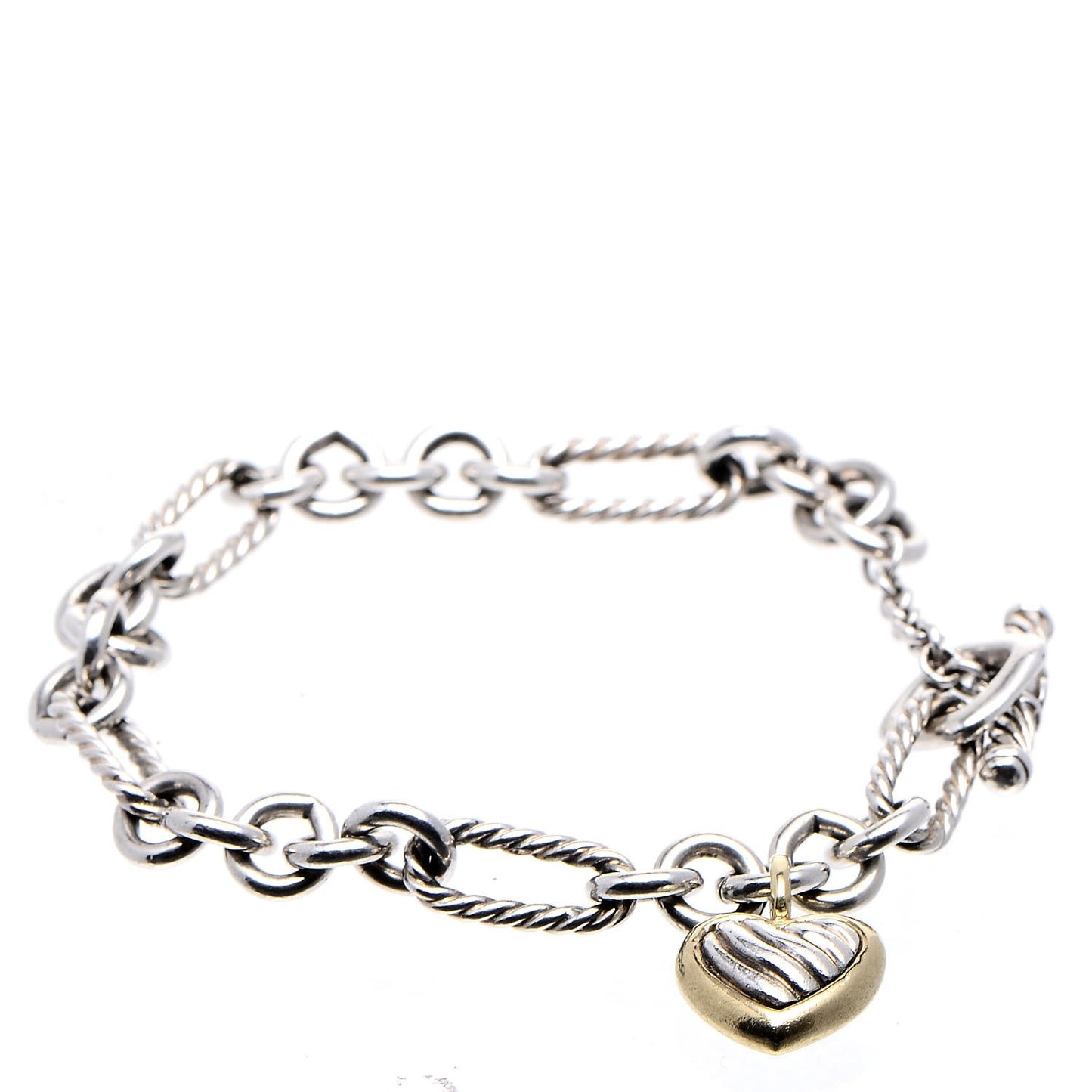 Sterling Silver 18K Yellow Gold Cable Heart Charm Bracelet