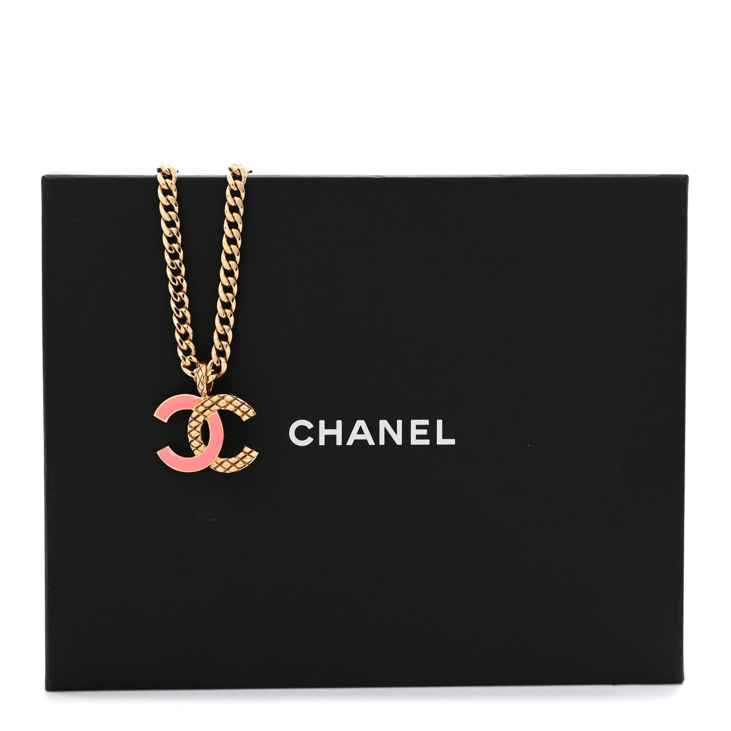 Metal Enamel Quilted CC Chain Necklace Pendant Gold Pink