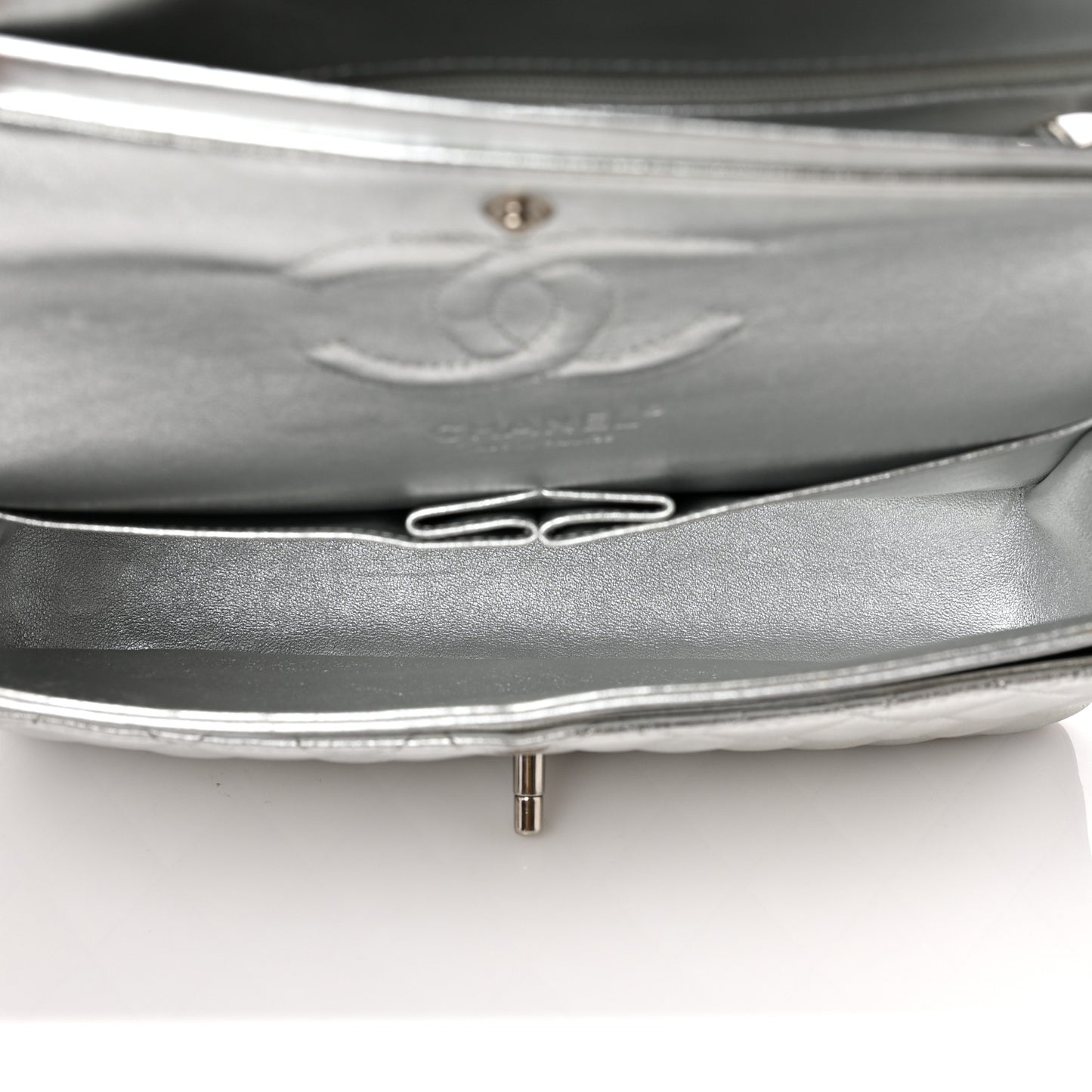 Metallic Lambskin Quilted Medium Double Flap Silver