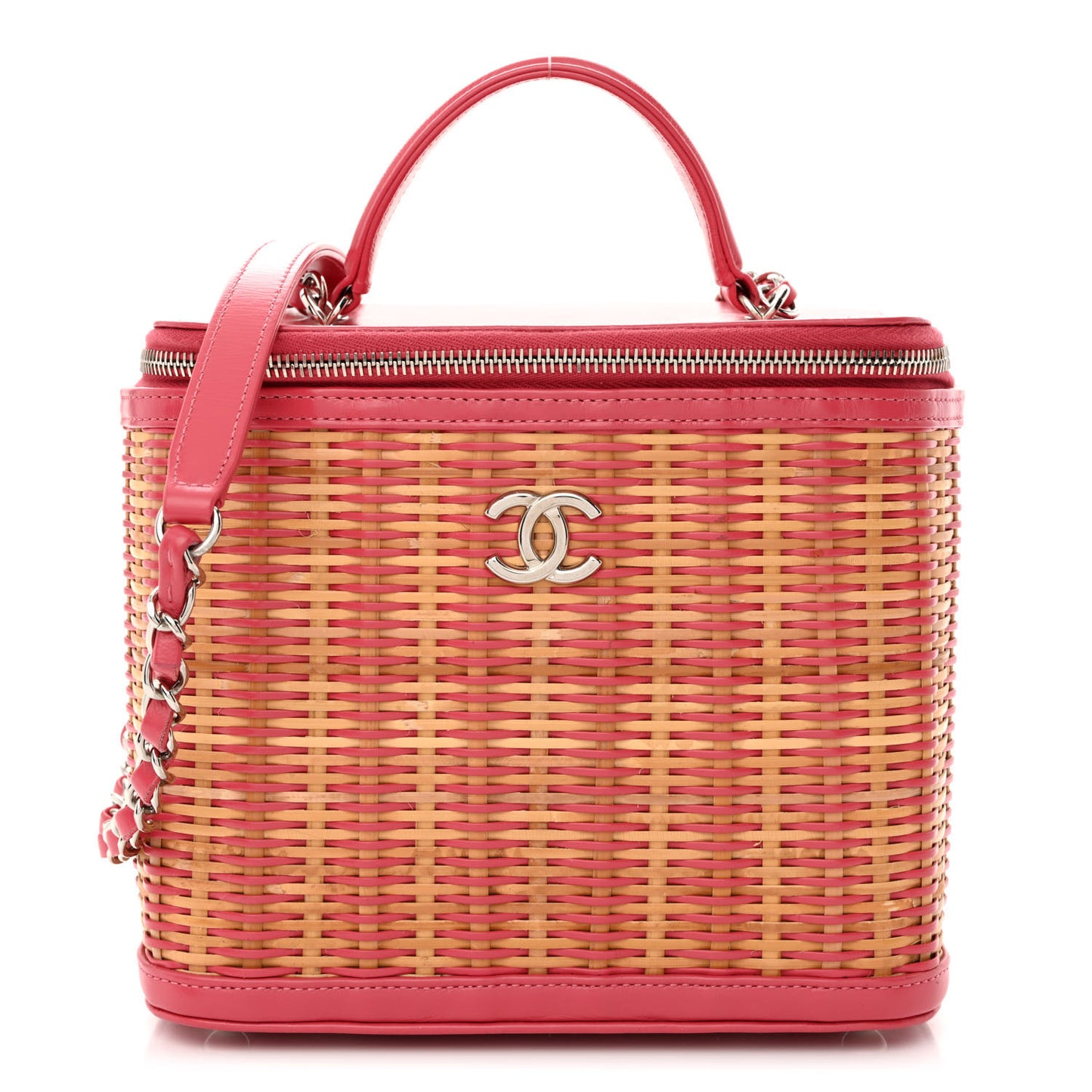 Glazed Calfskin Raffia Vanity Case Bag Pink