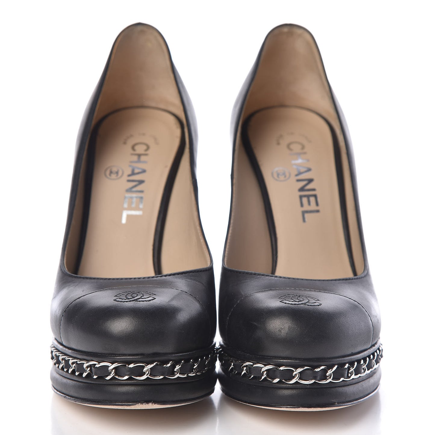 Lambskin CC Cap Toe Platform Chain Pumps 35.5 Black