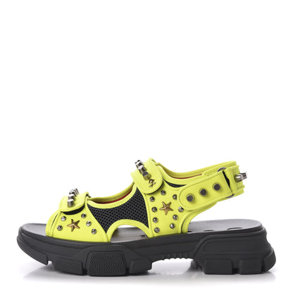 Gucci Technical Canvas Calfskin Studded Mens Aguru Sandals 9 Neon Yellow 1 of 8