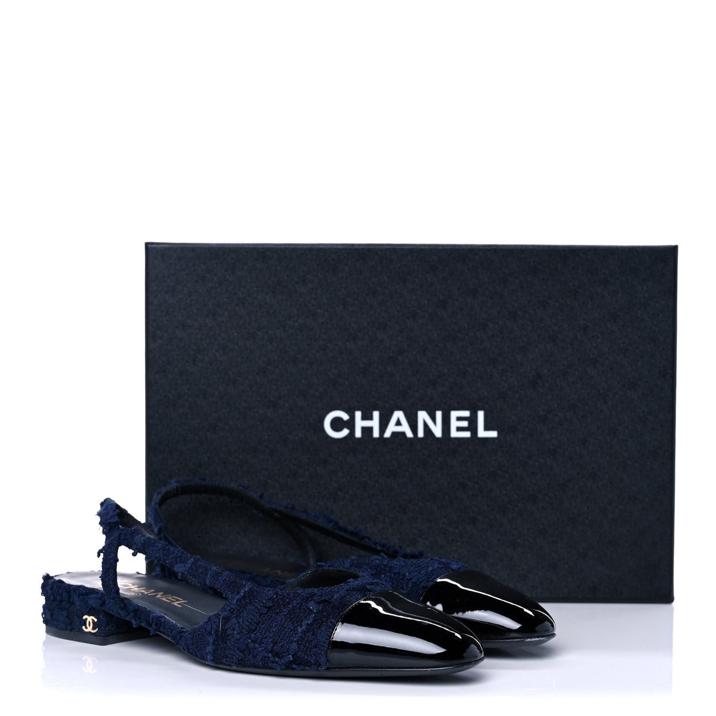 Tweed Patent Cap Toe CC Slingback Flats 38 Navy