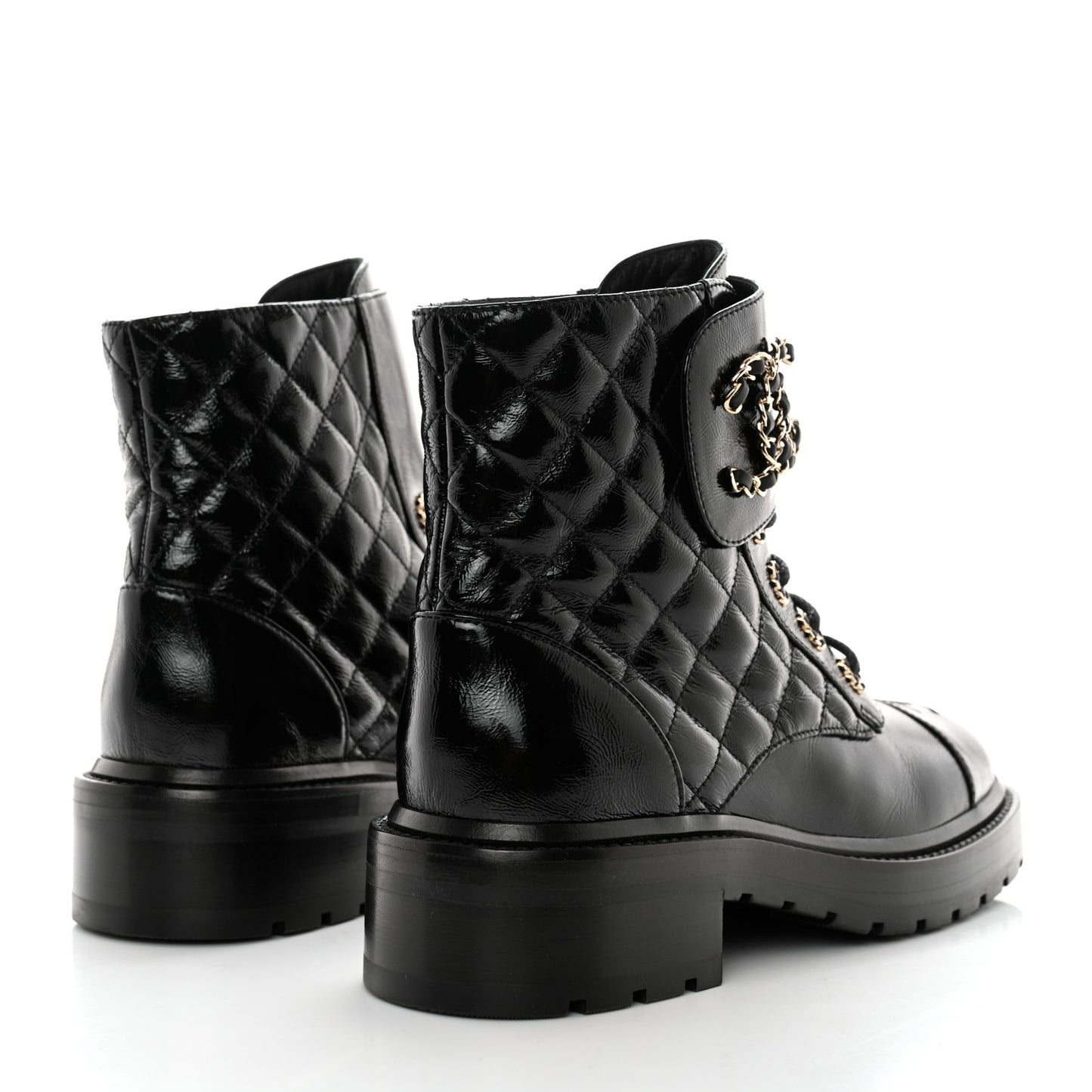 Shiny Goatskin Calfskin Quilted Lace Up Combat Boots 37 Black