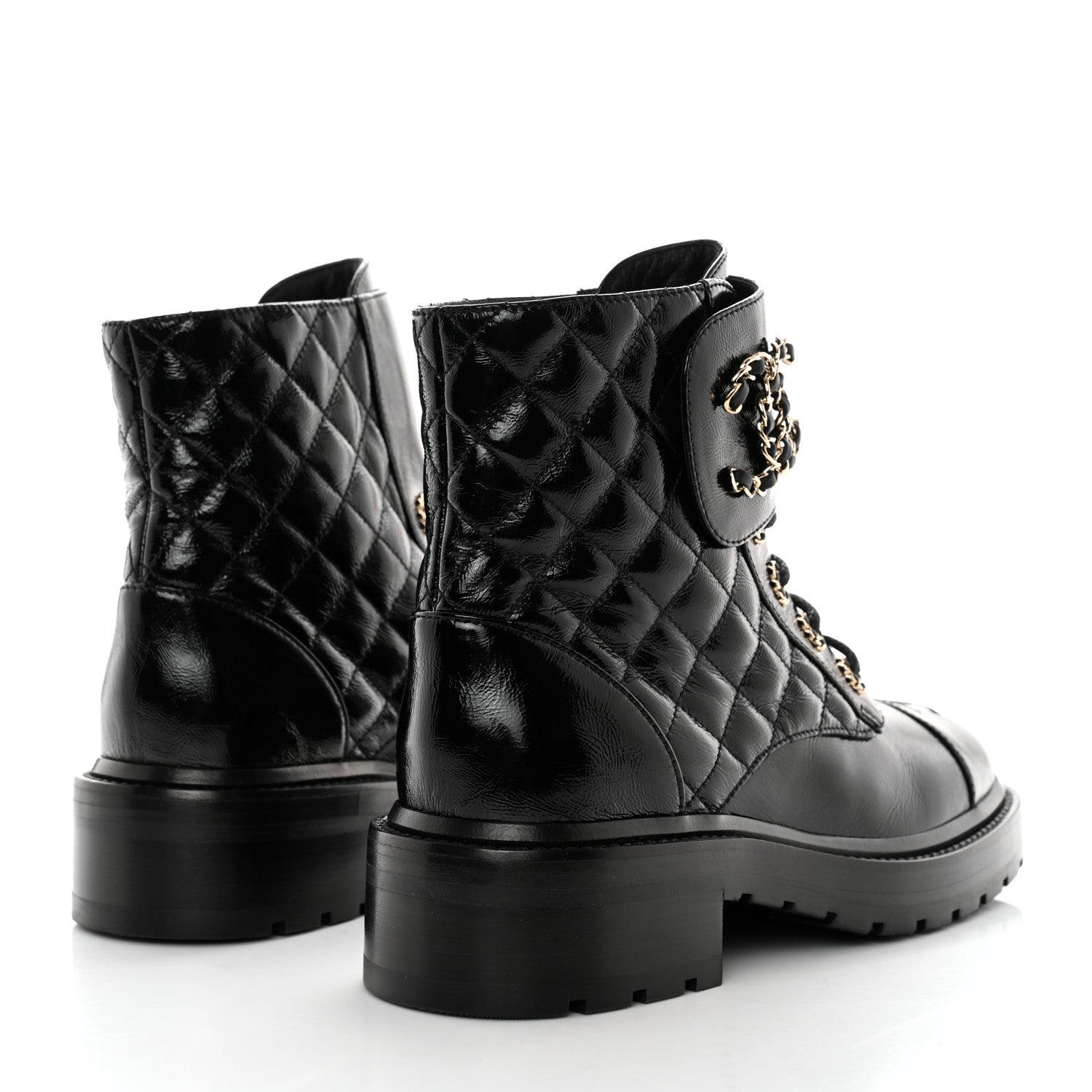 Chanel Shiny Goatskin Calfskin Quilted Lace Up Combat Boots 37 Black 4 of 11