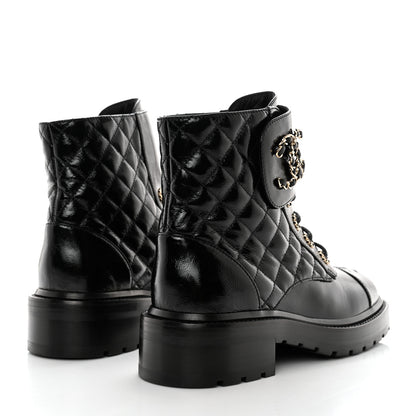 Chanel Shiny Goatskin Calfskin Quilted Lace Up Combat Boots 37 Black 4 of 11
