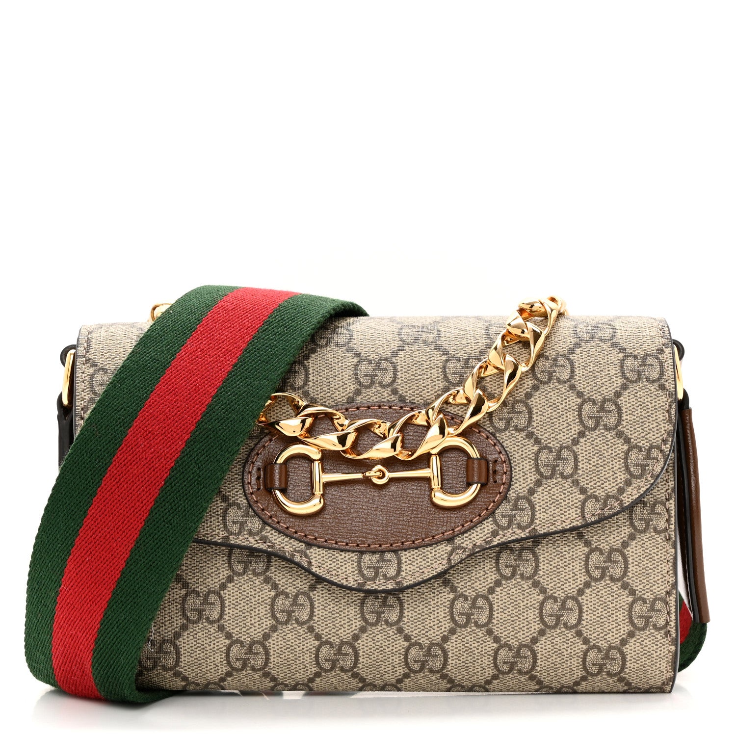 Gucci GG Supreme Monogram Azalea Calfskin Web Mini Horsebit 1955 Chain Shoulder Bag Beige Ebony Brown Sugar 1 of 10