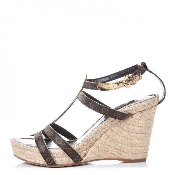 Monogram Metallic Bahamas T-Strap Espadrille Wedge Sandals 39 Brown