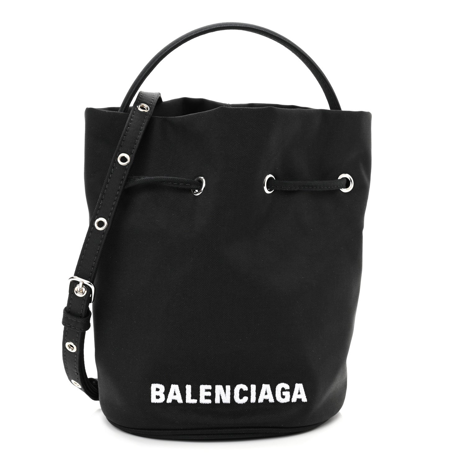 Balenciaga Recycled Sport Nylon Logo Embroidered Wheel Drawstring Bucket Bag Black White 1 of 9