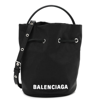Balenciaga Recycled Sport Nylon Logo Embroidered Wheel Drawstring Bucket Bag Black White 1 of 9