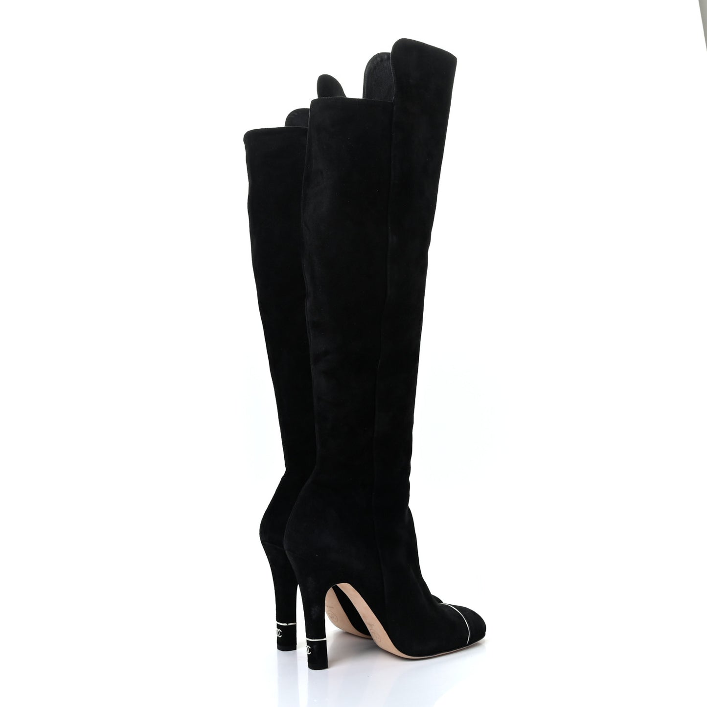 Suede Calfskin CC Cap Toe Knee High Boots 38 Black