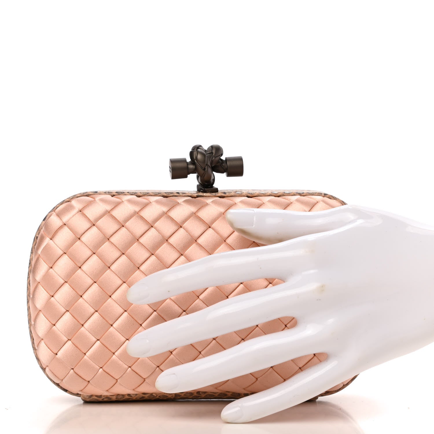 Bottega Veneta Satin Intreccio Impero Ayers Knot Clutch Flamingo 2 of 7