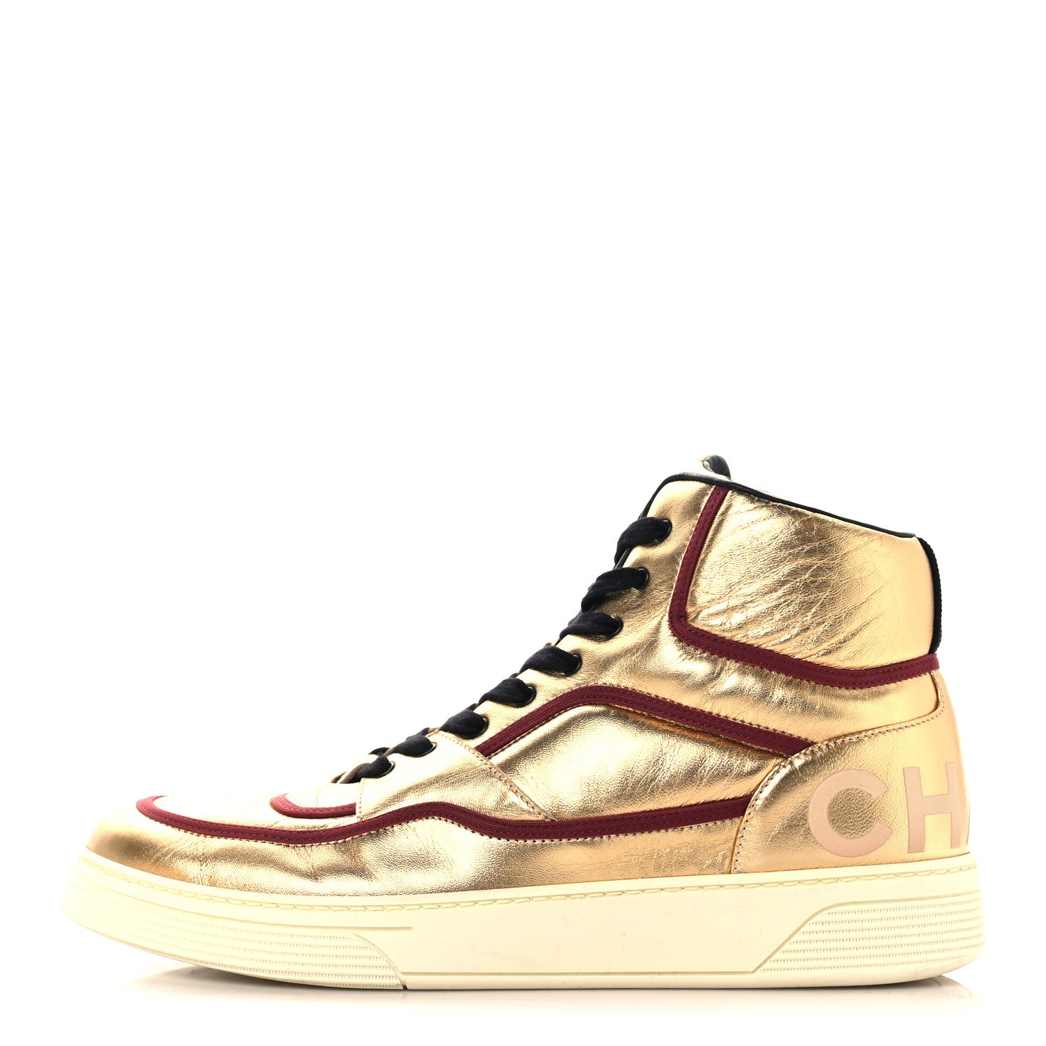 Chanel Metallic Satin Lambskin Mens Logo High Top Sneakers 45 Gold Burgundy 1 of 8