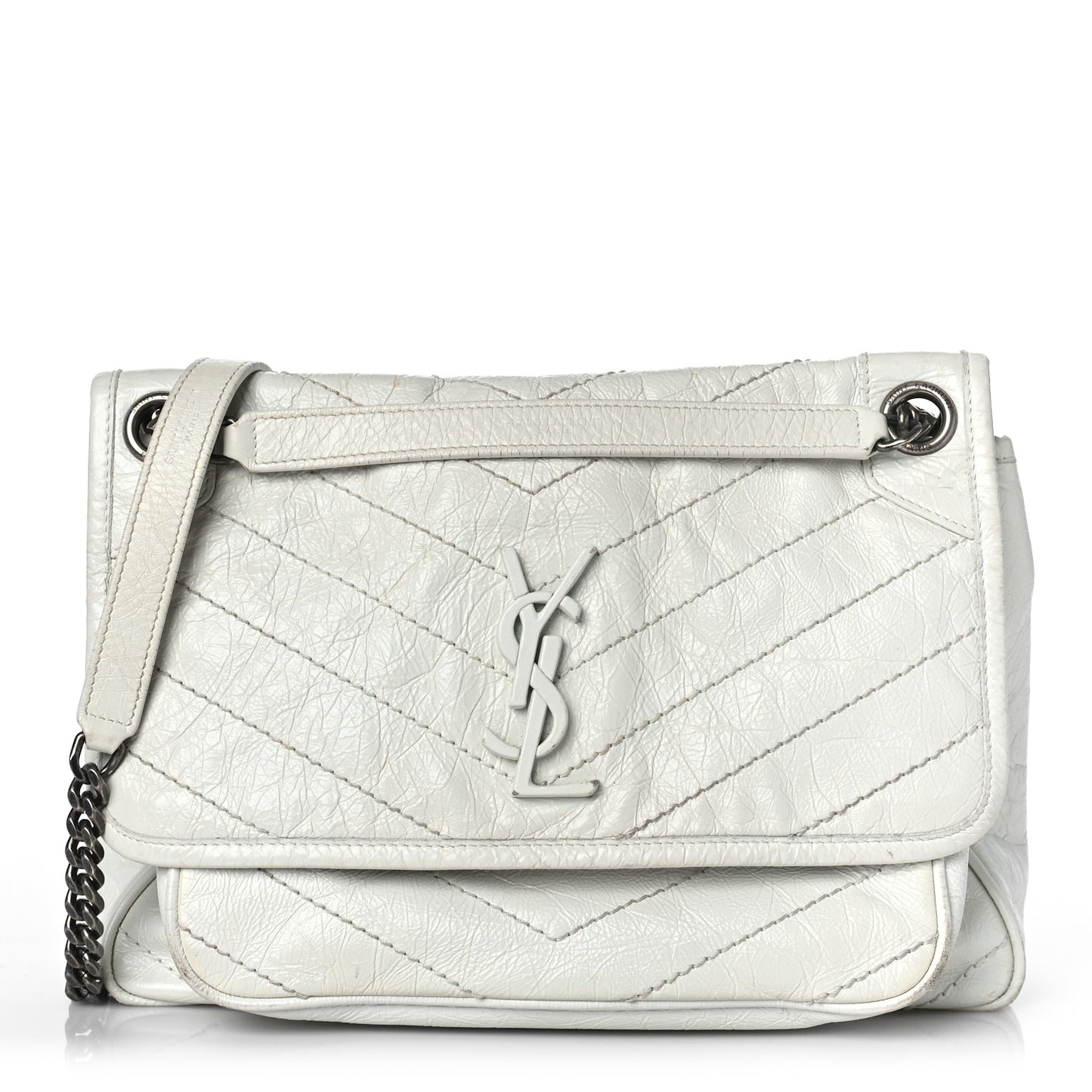 Crinkled Calfskin Matelasse Monogram Medium Niki Chain Satchel Dirty White