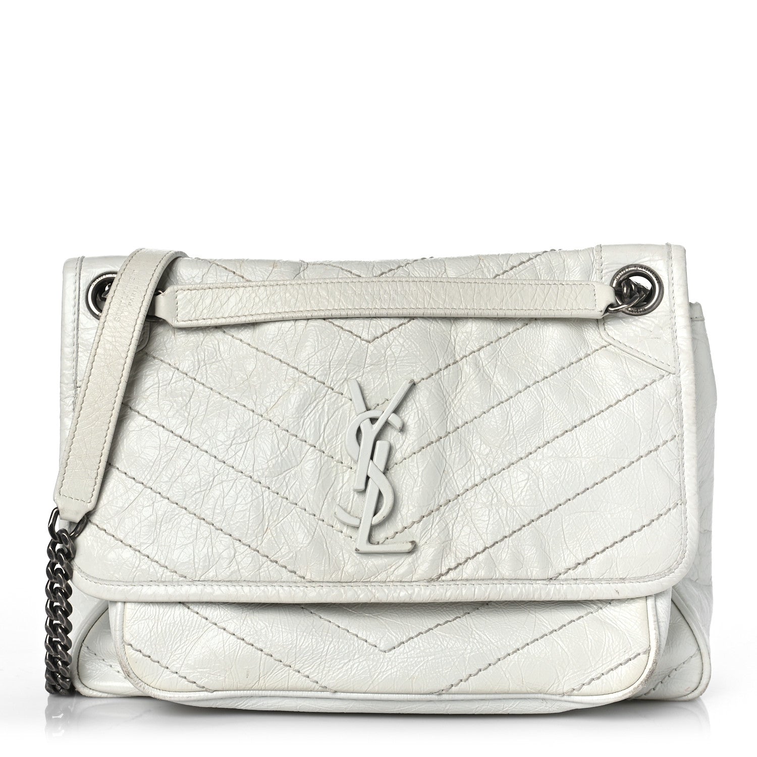 Saint Laurent Crinkled Calfskin Matelasse Monogram Medium Niki Chain Satchel Dirty White 1 of 15