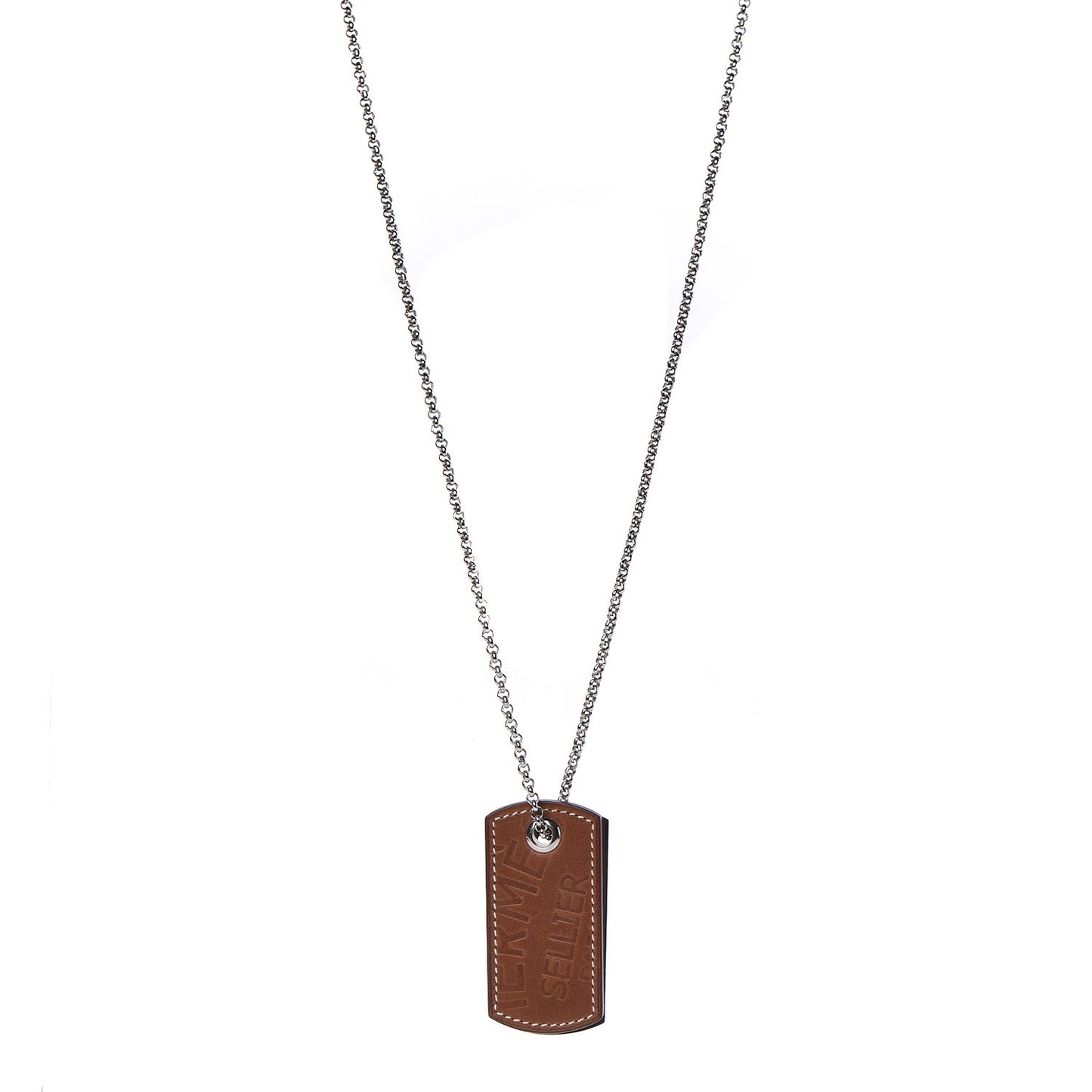 Palladium Natural Barenia Dog Tag Long Necklace Fauve