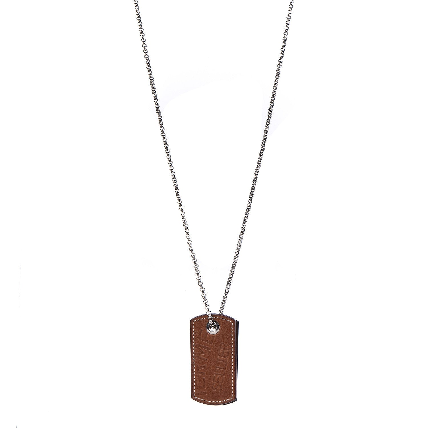 Hermes Palladium Natural Barenia Dog Tag Long Necklace Fauve 1 of 7