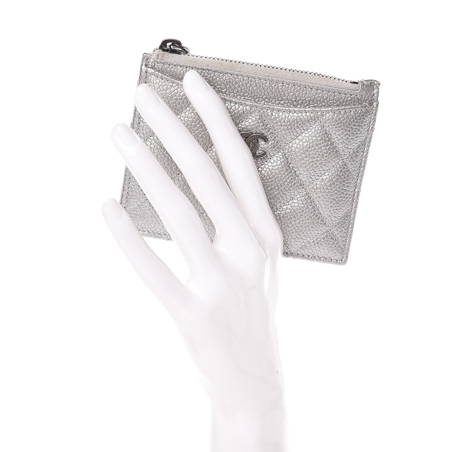 Metallic Caviar Quilted CC Zip Card Holder Silver