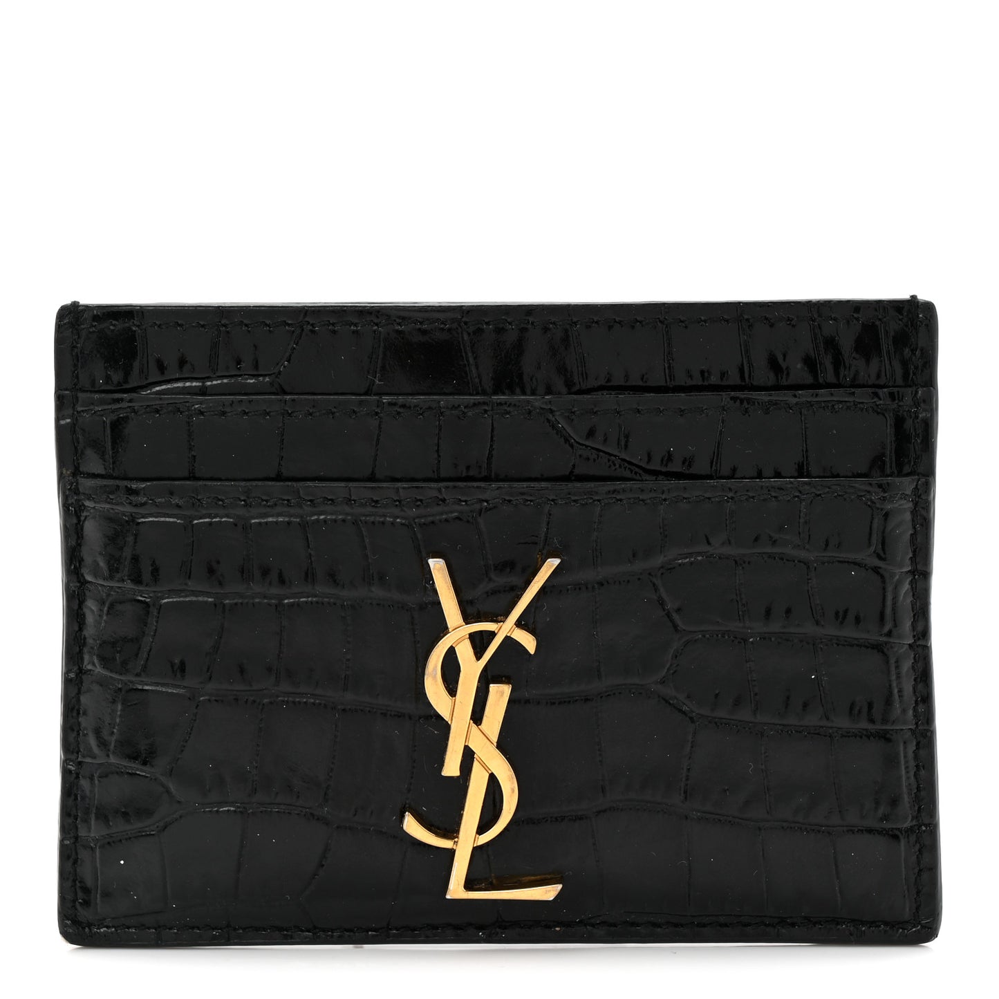 Calfskin Crocodile Embossed Monogram Credit Card Case Black