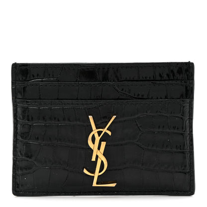 Saint Laurent Calfskin Crocodile Embossed Monogram Credit Card Case Black 1 of 7