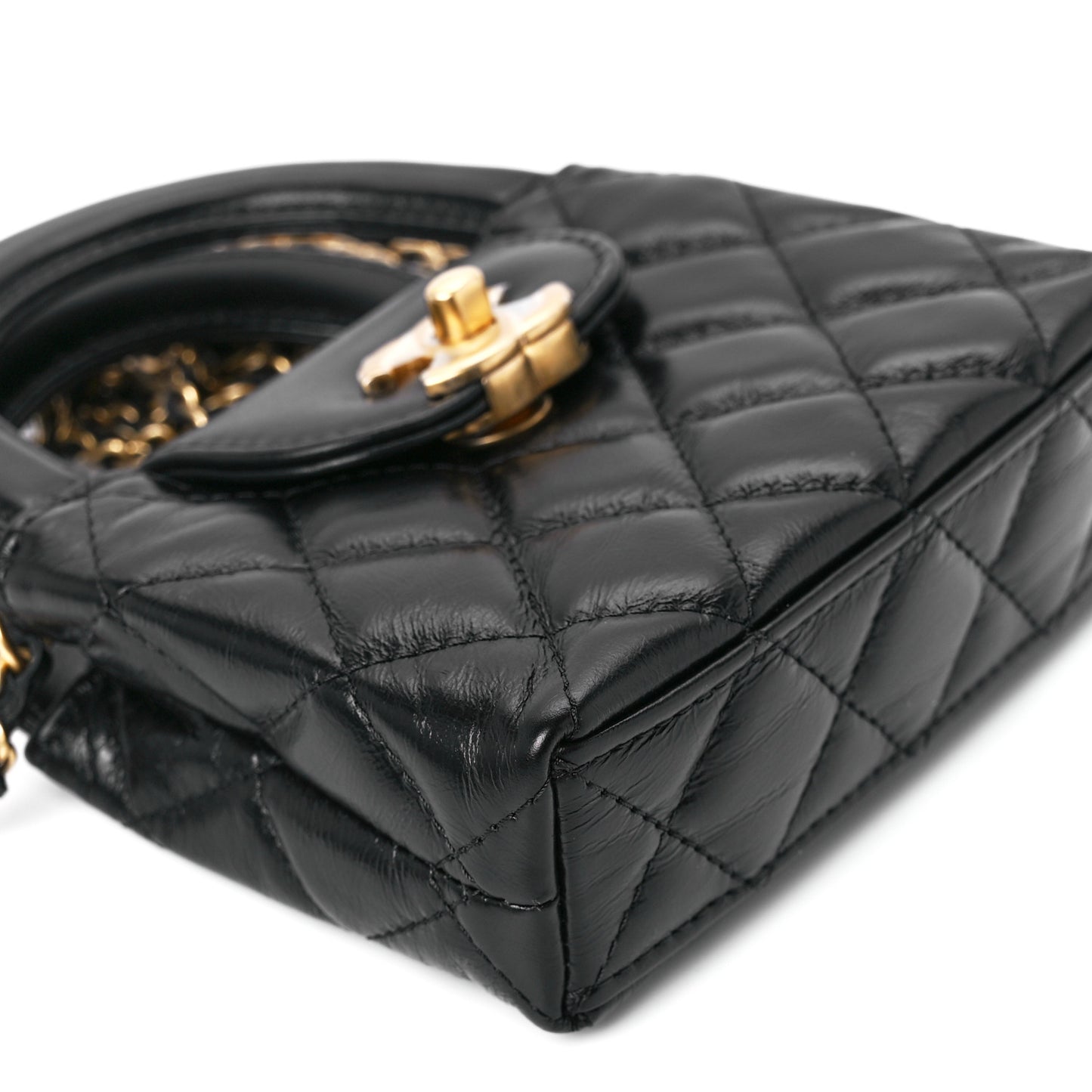 Shiny Aged Calfskin Quilted Mini Nano Kelly Shopper Black