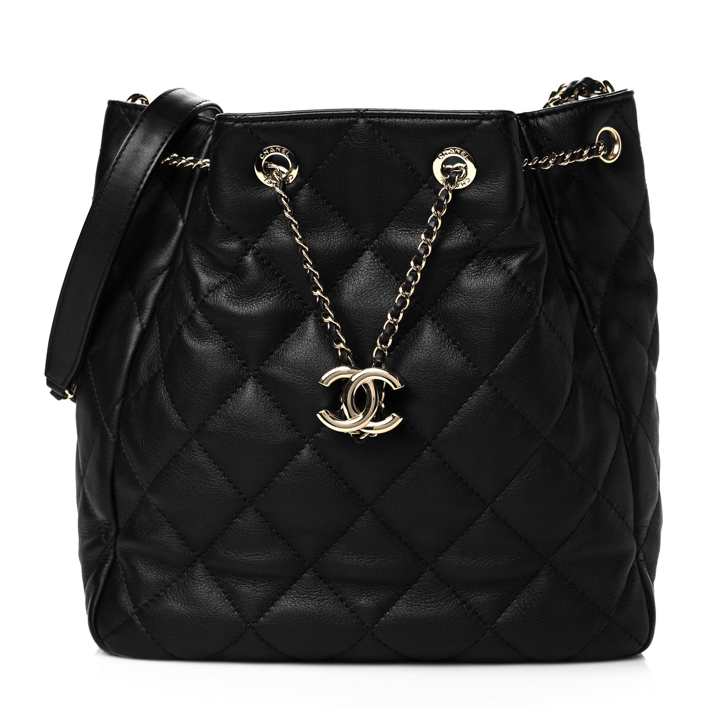 Goatskin Quilted Chain Drawstring Bag Black
