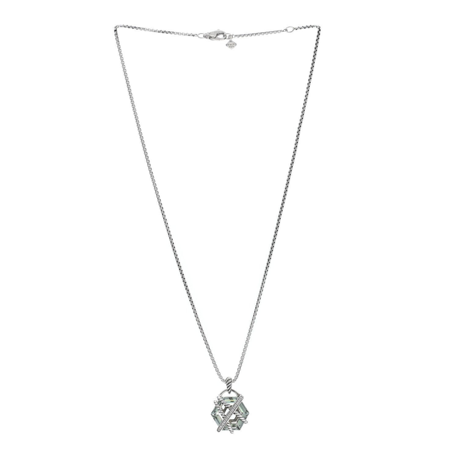 David Yurman Sterling Silver Diamond Prasiolite 16mm Petite Cable Wrap Pendant Necklace 3 of 5