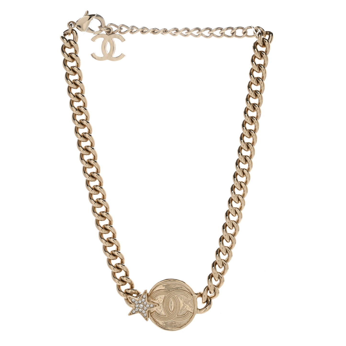 Metal Crystal Textured CC Star Chain Choker Necklace Gold
