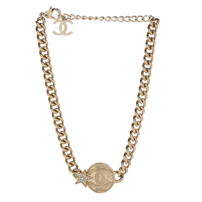 Chanel Metal Crystal Textured CC Star Chain Choker Necklace Gold 3 of 5